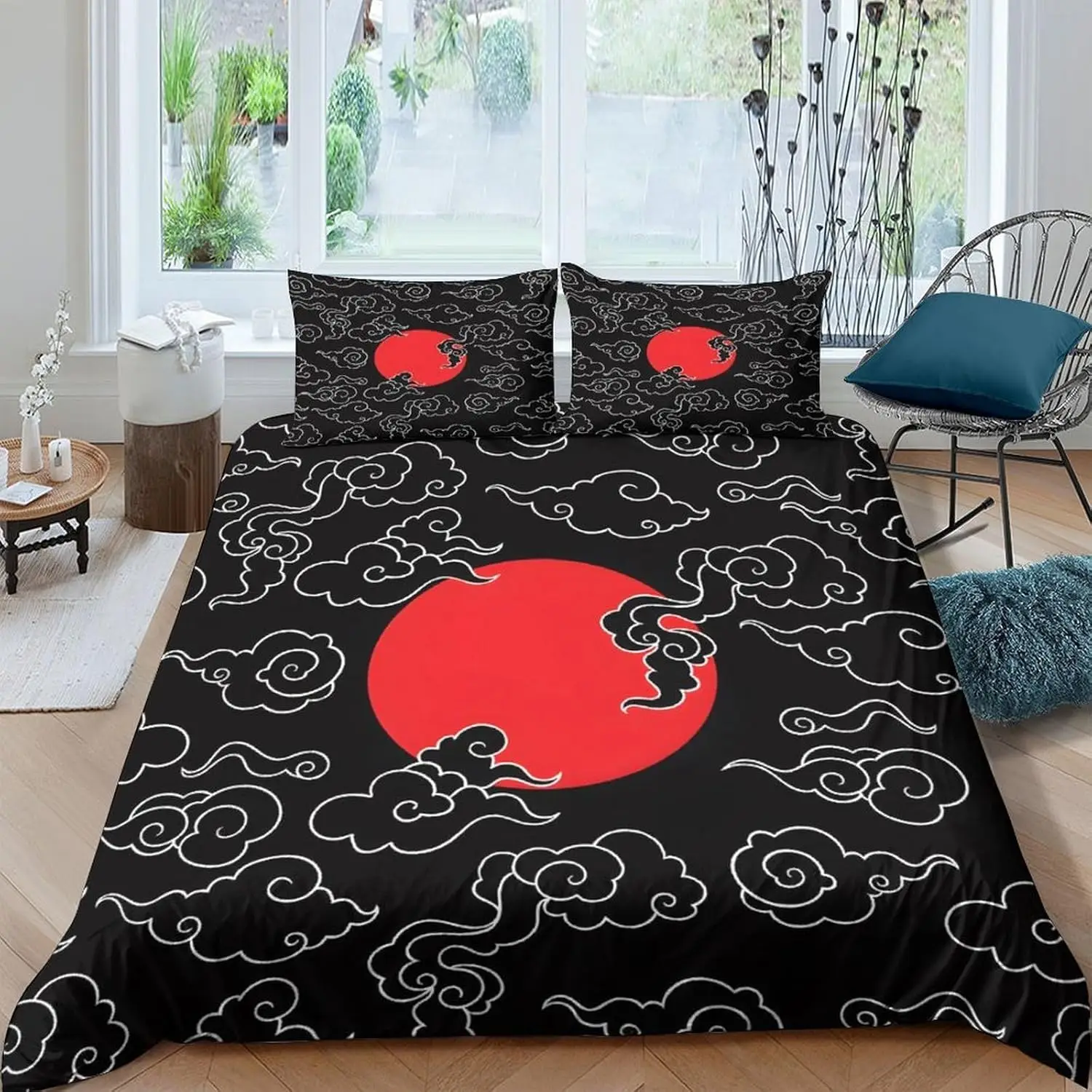 Anime Red Sun Bedding Set 140x200cm With 1 Pillowcase Black Red Pattern Teen Room Dorm Student Gift Duvet