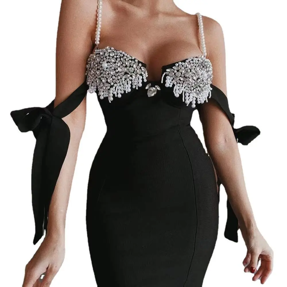 2022 New Summer Black Off Shoulder Bandage Dress Women Sexy Luxury Diamonds Midi Celebrity Evening Runway Club Party Dress