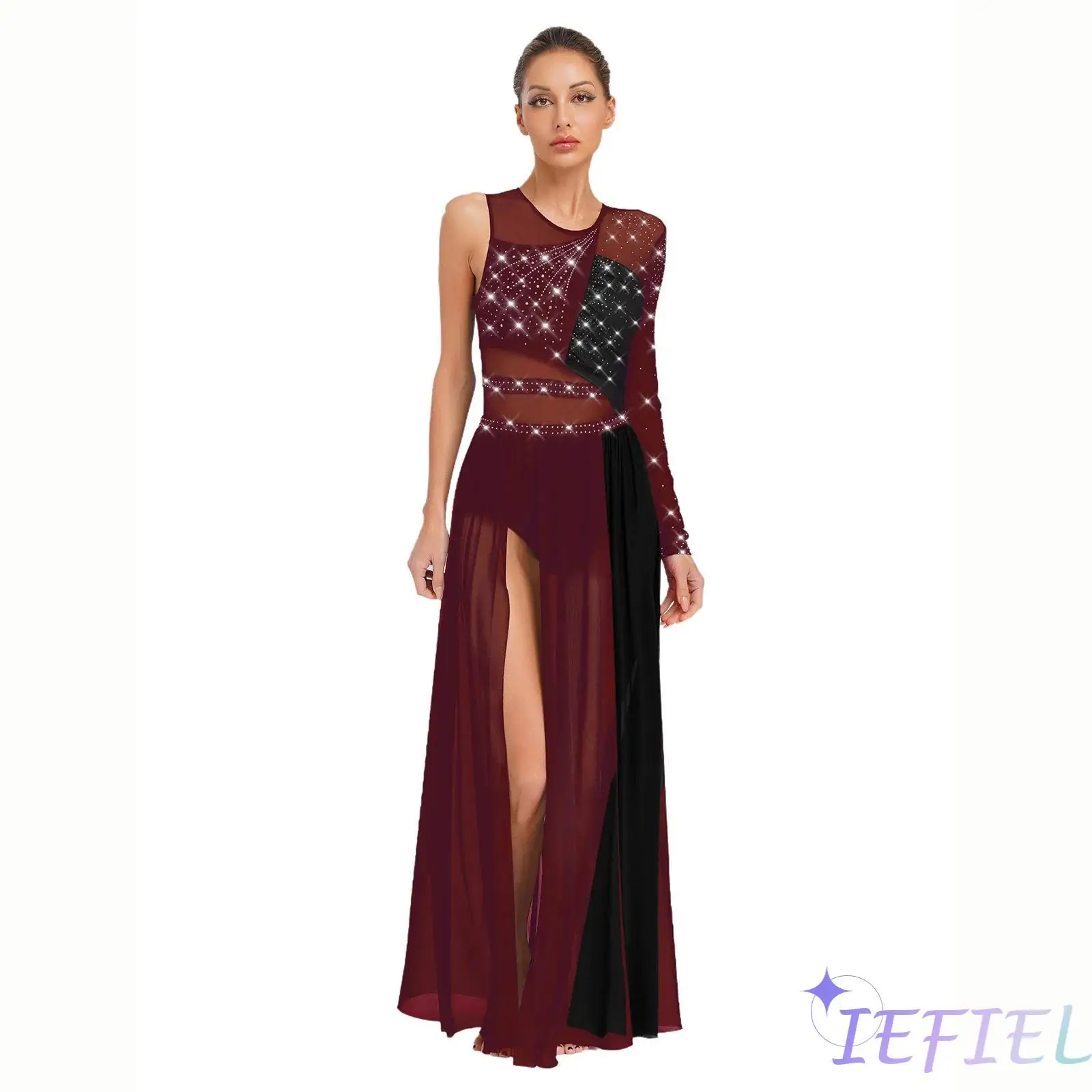

Women Lyrical Dance Dress Shiny Rhinestones Side Split Sheer Mesh Color Block Patchwork Ballroom Dance Dress for Stage Prom Show
