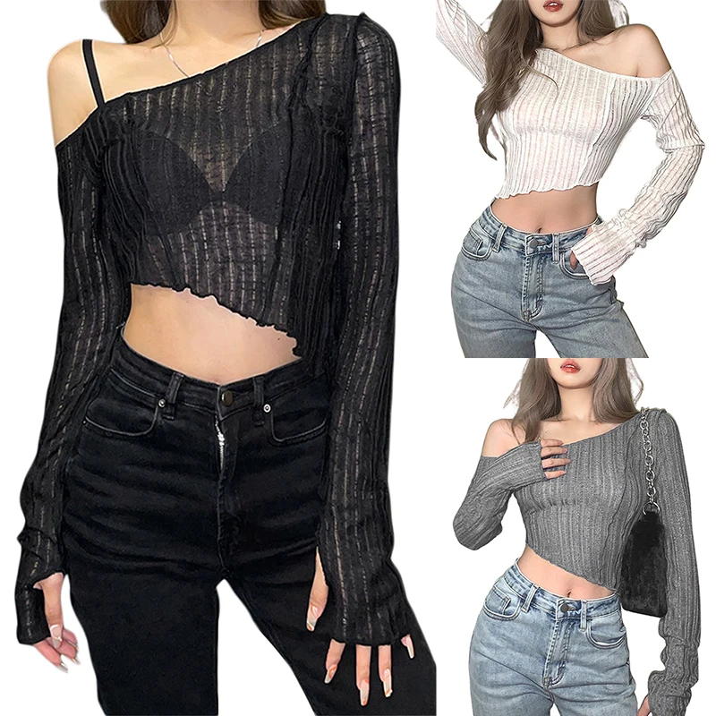 Y2k Women Casual Long Sleeve T-shirt Crop TopFashion Solid Color Oblique Shoulder Irregular Exposed Navel Tops Tee Streetwear