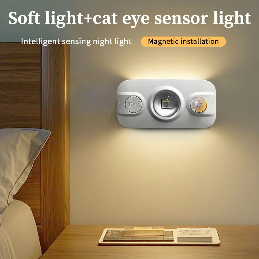 

Перезаряжаемый RGB ночник с датчиком тела, светодиодный светильник, боковое свечение, кошачий глаз, светильник для шкафа, беспроводной настенный светильник для спальни, лестницы, прихожей