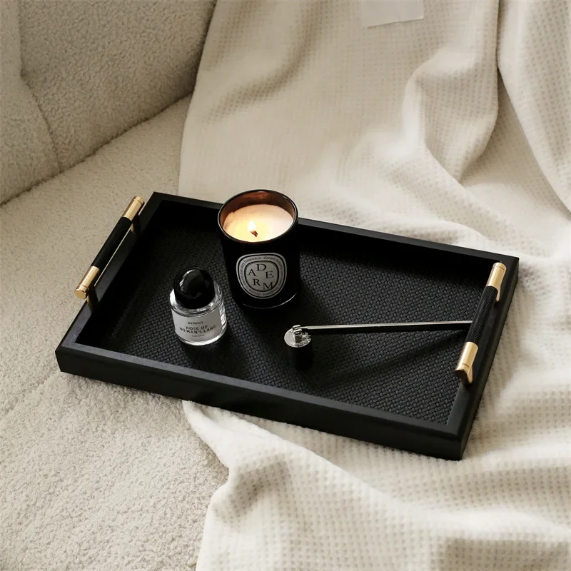 Solid Wood Frame Wood Tray Household Model Room Metal Handle Tray Put Cups Wooden Plate Coffee Dessert Storage Dinner Plate