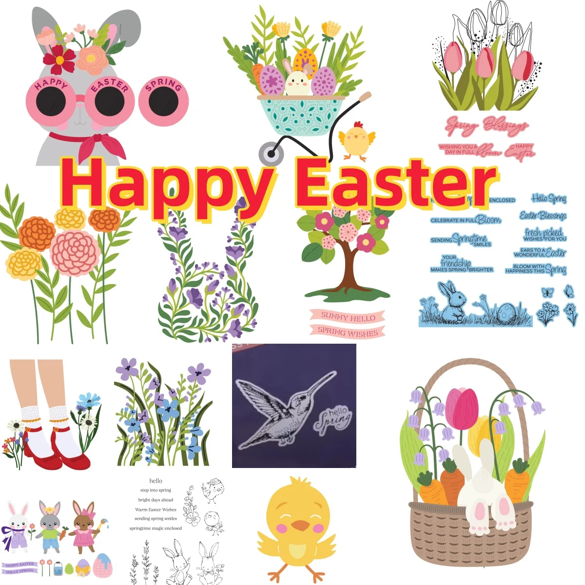 

Happy Spring Easter Bunny Petal Flower Metal Cutting Dies Clear Stamp Stencil Hot Foil for DIY Card Scrapbook Craft 2026 New Die