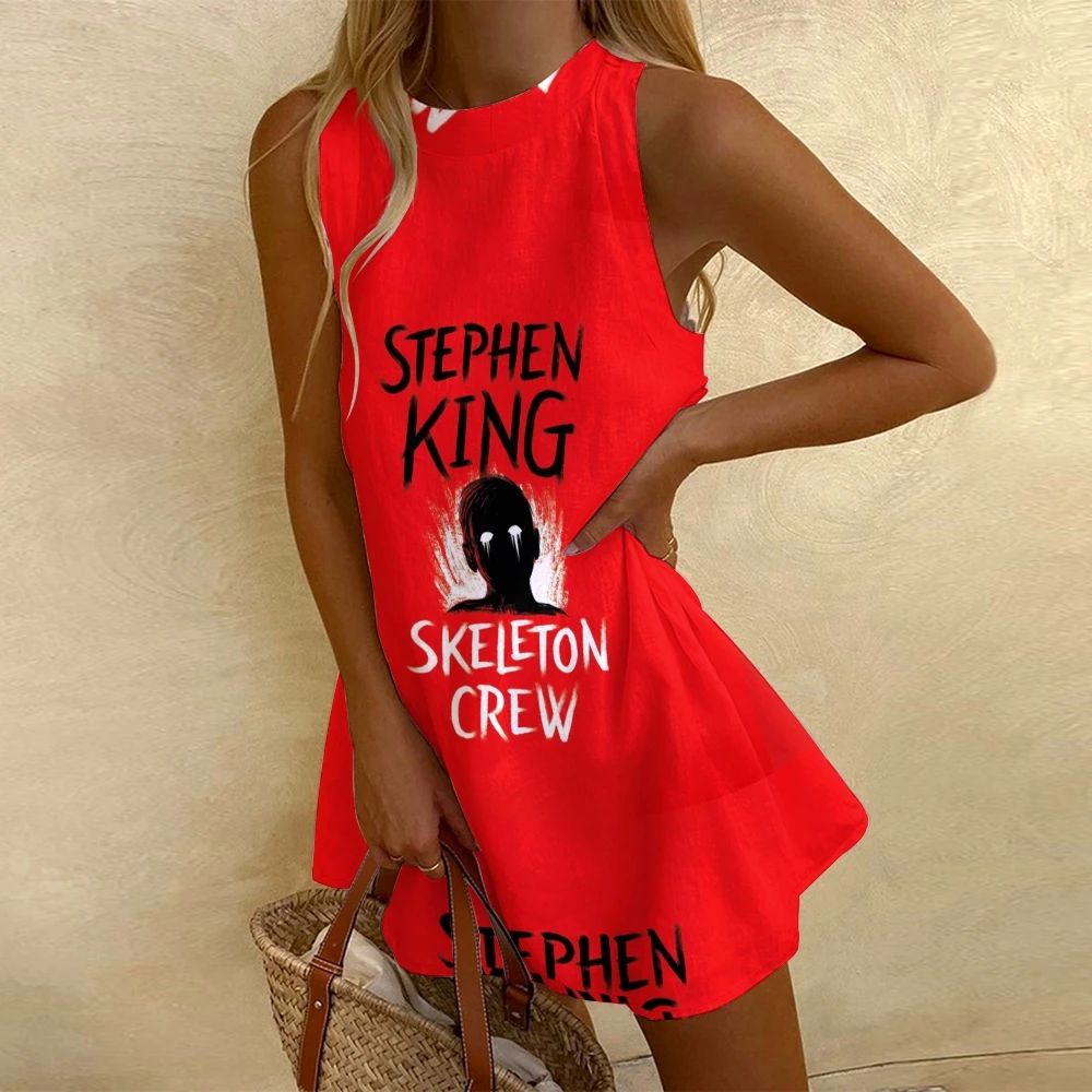 

Stephen King Print Red Women'S Sleeveless Sundress Y2K Retro Style Jumper Skirt Holiday Clothing Grace Summer Wave Hem Frock