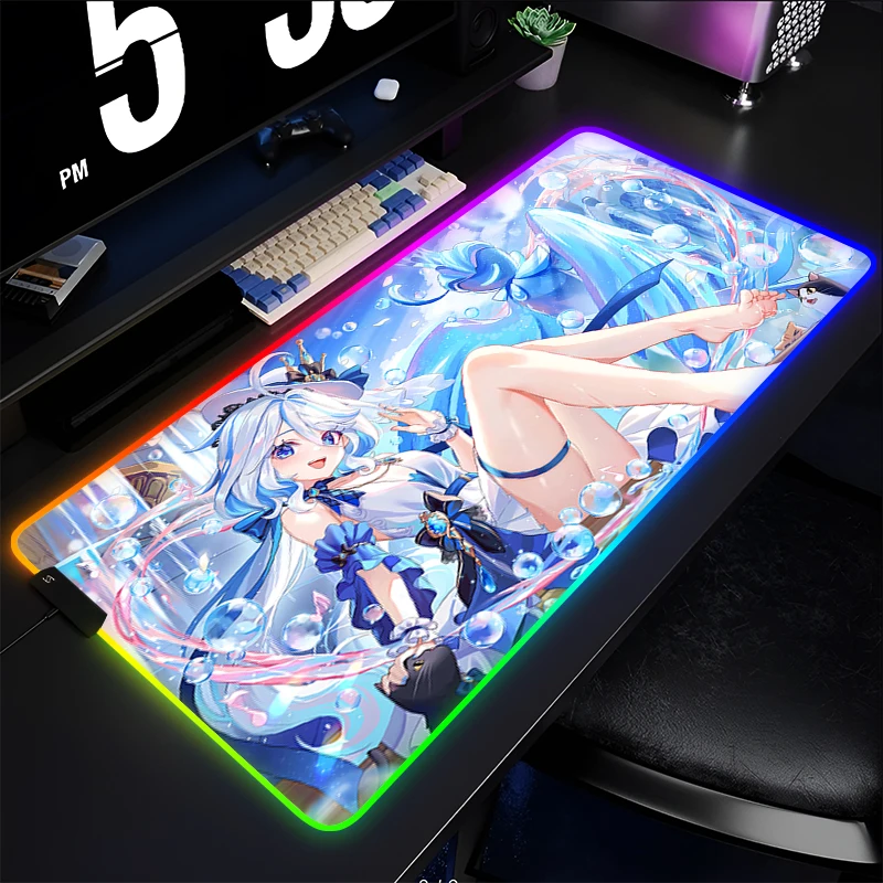 

RGB Mouse Pad Gaming Accessories Gamer PC Computer LED Desktop Mat Anime Girl Keyboard Pad Genshin Impact Furina Tablet Mousepad