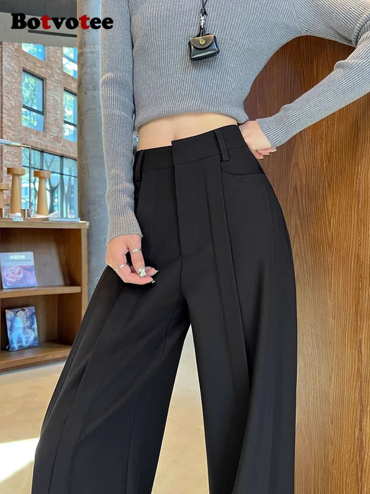 กางเกงสแล็คผู้หญิงทรงตรงเอวสูงสีดำ แบรนด์ Botvotee รุ่น Office Elegant  แฟชั่นกางเกงขายาวทรงกว้าง มีกระเป๋า
