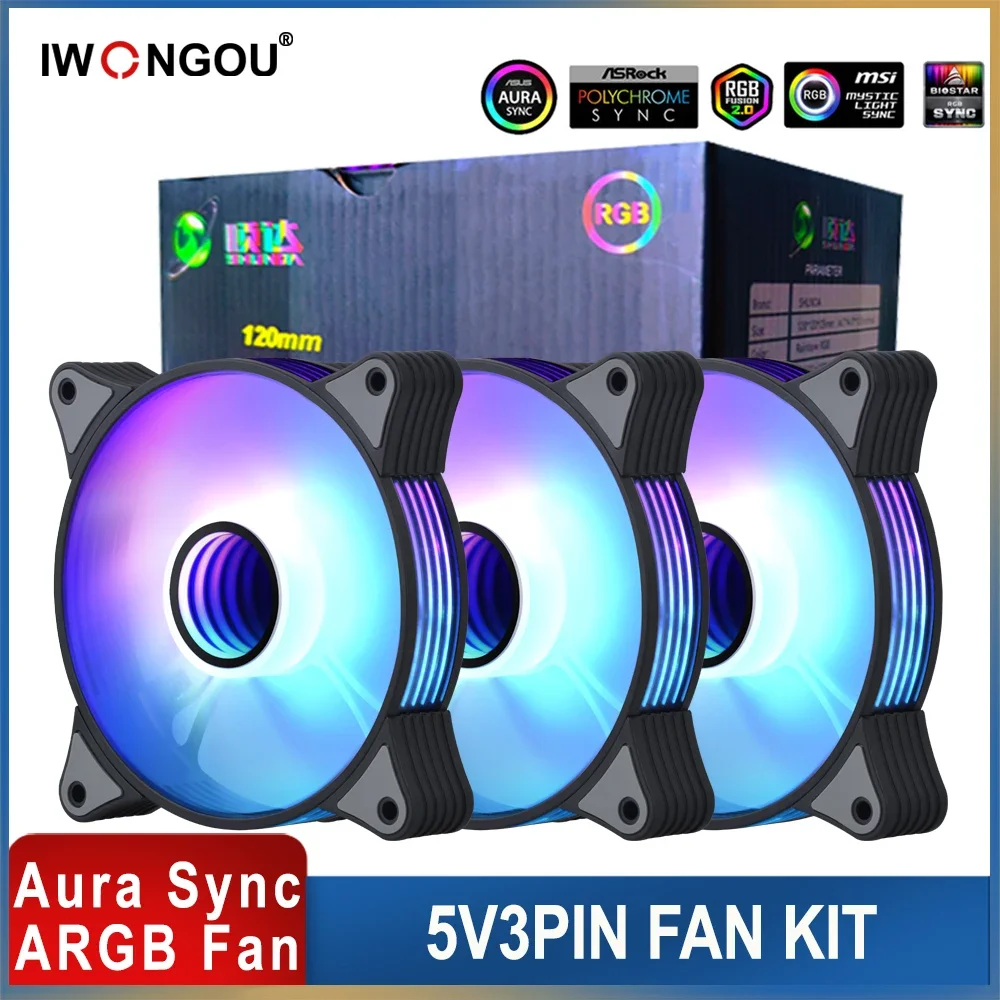 IWONGOU 컴퓨터 쿨러 방열판 무소음 환풍기, 선풍기 RGB 4 핀 PWM 키트 팬, Argb Aura Sync 3 핀, 5v, Ar12 Pro, 120mm