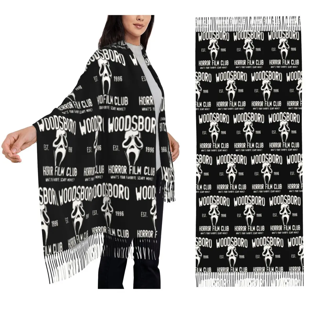

Scream Woodsboro Film Club Шарф Шарфы с кисточками для женщин Мягкие теплые шали и накидки Длинная осенне-зимняя шаль