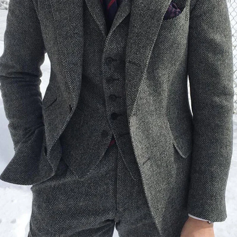 

3-Piece Fashion Casual Grey Wool Tweed Men Suits For Winter Wedding Formal Herringbone Set Jacket Vest with Pants
