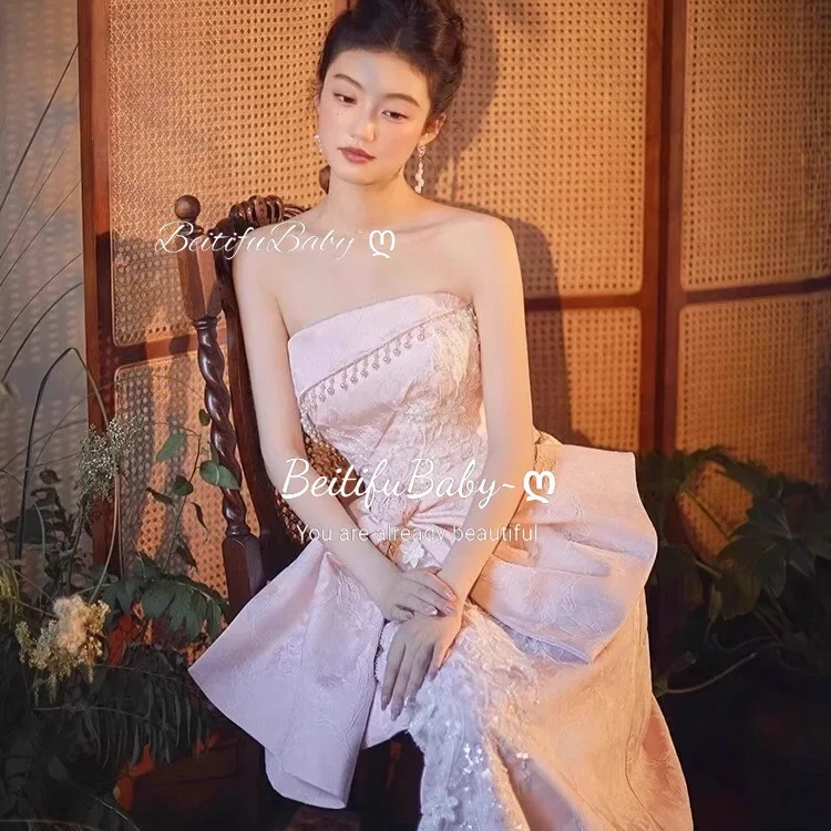 Customized Palace Style 2025 Women's Evening Dress Strapless Bow Decoration Pearl Tassel Mermaid Skirts Formal Dresses for Women