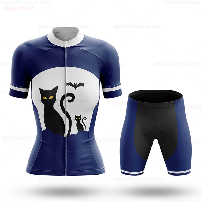 Cartoon Cat Women Cycling Jersey Set 2023 Funny Summer Bicycle Cycling Clothing Short Sleeves Bike Clothes Maillot Ropa Ciclismo