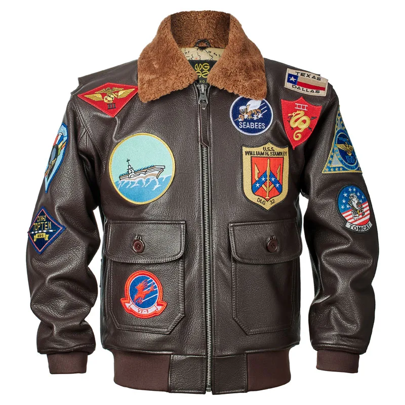 

Dark Brown Winter Top Gun Pilot Leather Jacket Men Military Style Europe Size Genuine Natural Cowhide G1 Flight Leather Coat