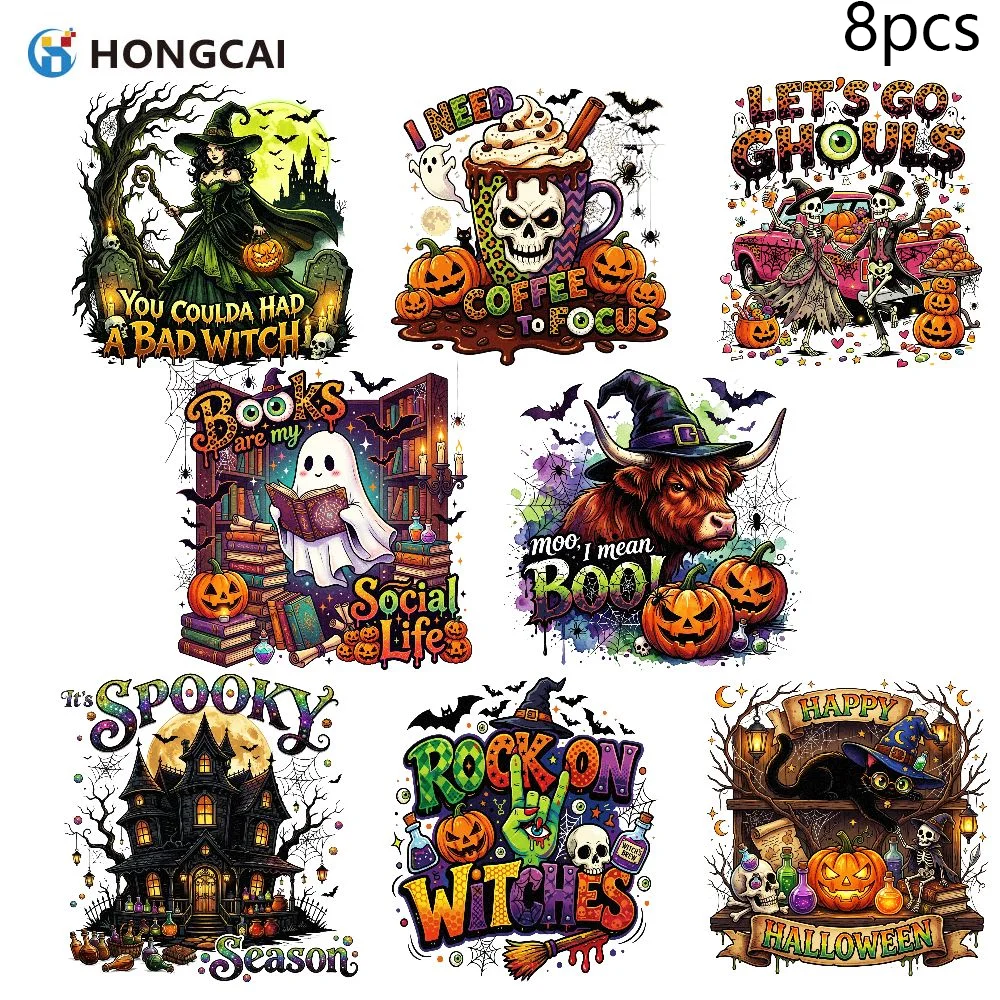 8Pcs Halloween DTF Transfers, Magic Black Cat & Scene for Family Outfits DIY, Ready to Press Heat Transfer Stickers