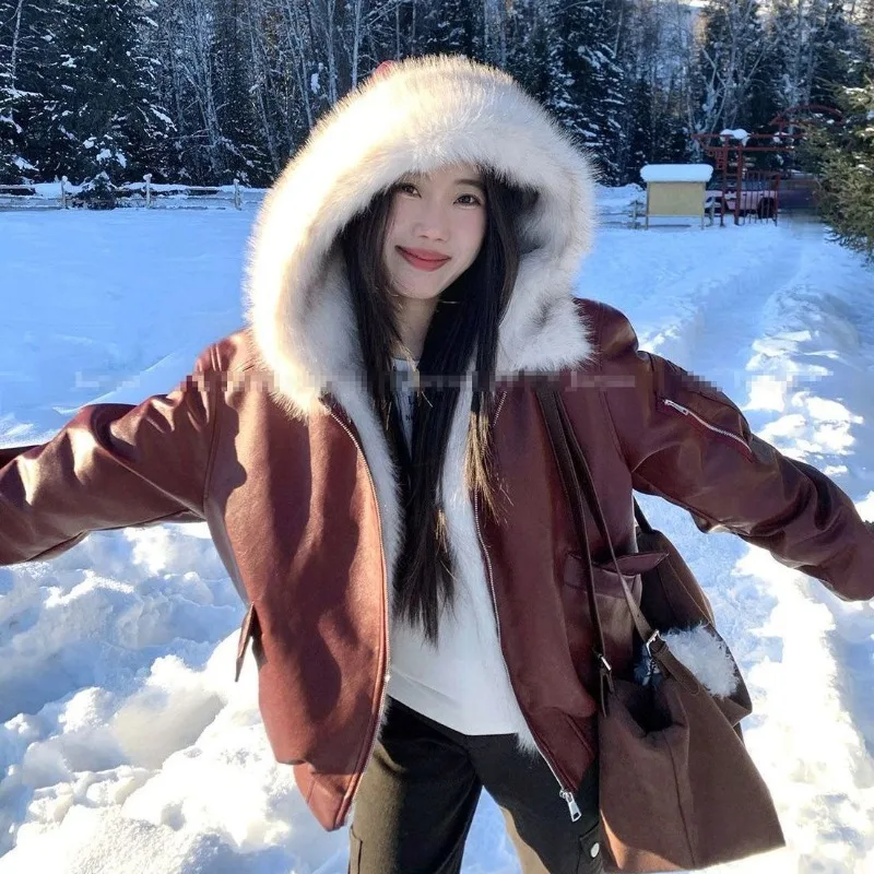 امرأة كبيرة فو الثعلب الفراء مقنعين طوق فو سترة جلدية سميكة فرو المنك تقسم بولي Coat معطف القطن اصطف سحابات سترة القمم