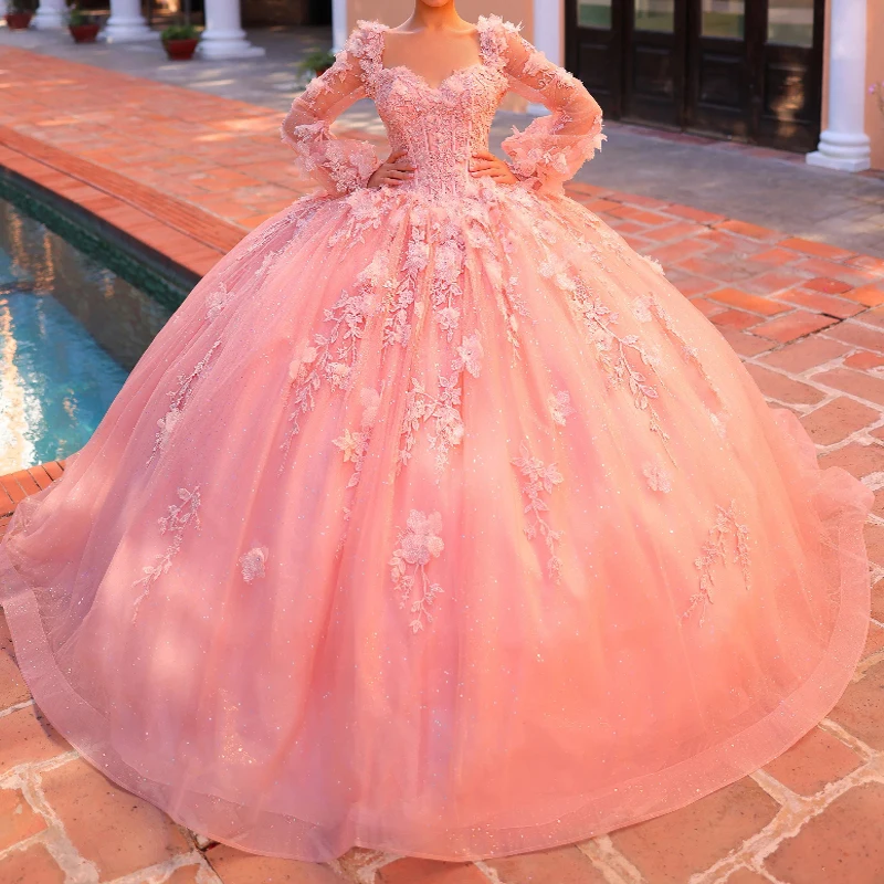 

Pink Shiny Quinceanera Dress Ball Gown 2024 Long Sleeve Applique Lace Beads Vestidos De 15 Años Sweet 16 Birthday Party Pageant