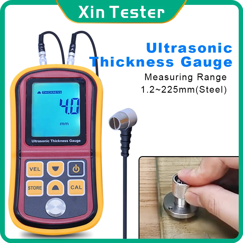 Xin Tester Digital Ultrasonic Thickness Gauge Tester LCD Display Metal Glass 1.2-225mm Sound Velocity Meter 0.1mm Resolution