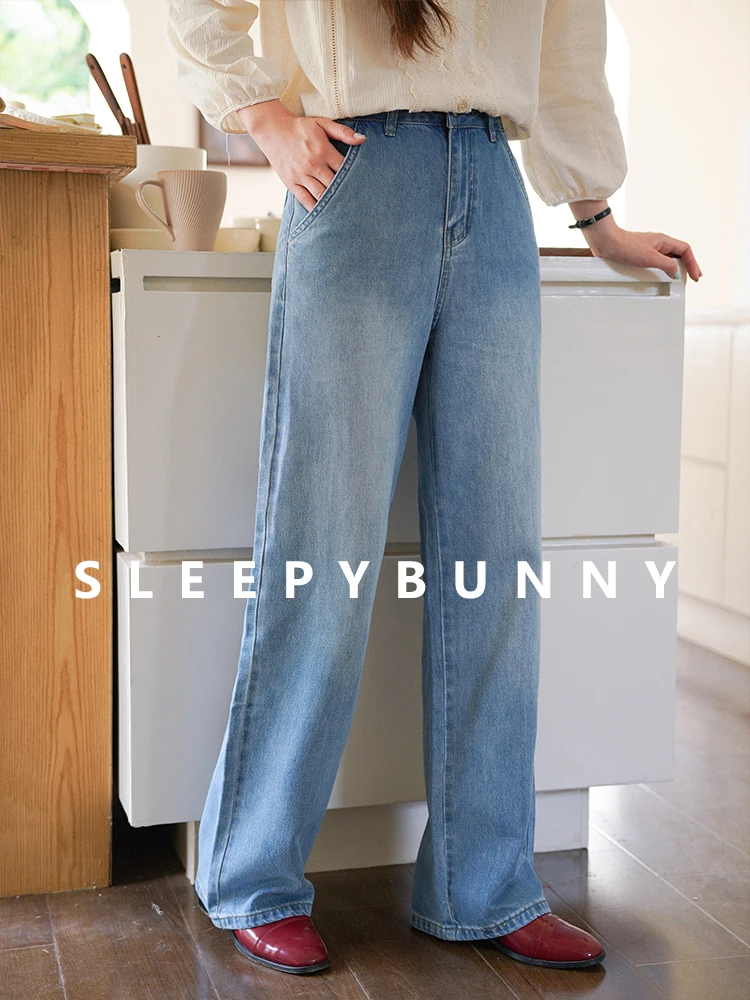 

Classic Retro Blue Jeans High Waist Straight Denim Pants Women Washed Loose Wide Leg Bottoms Summer Casual Floor Length Trousers