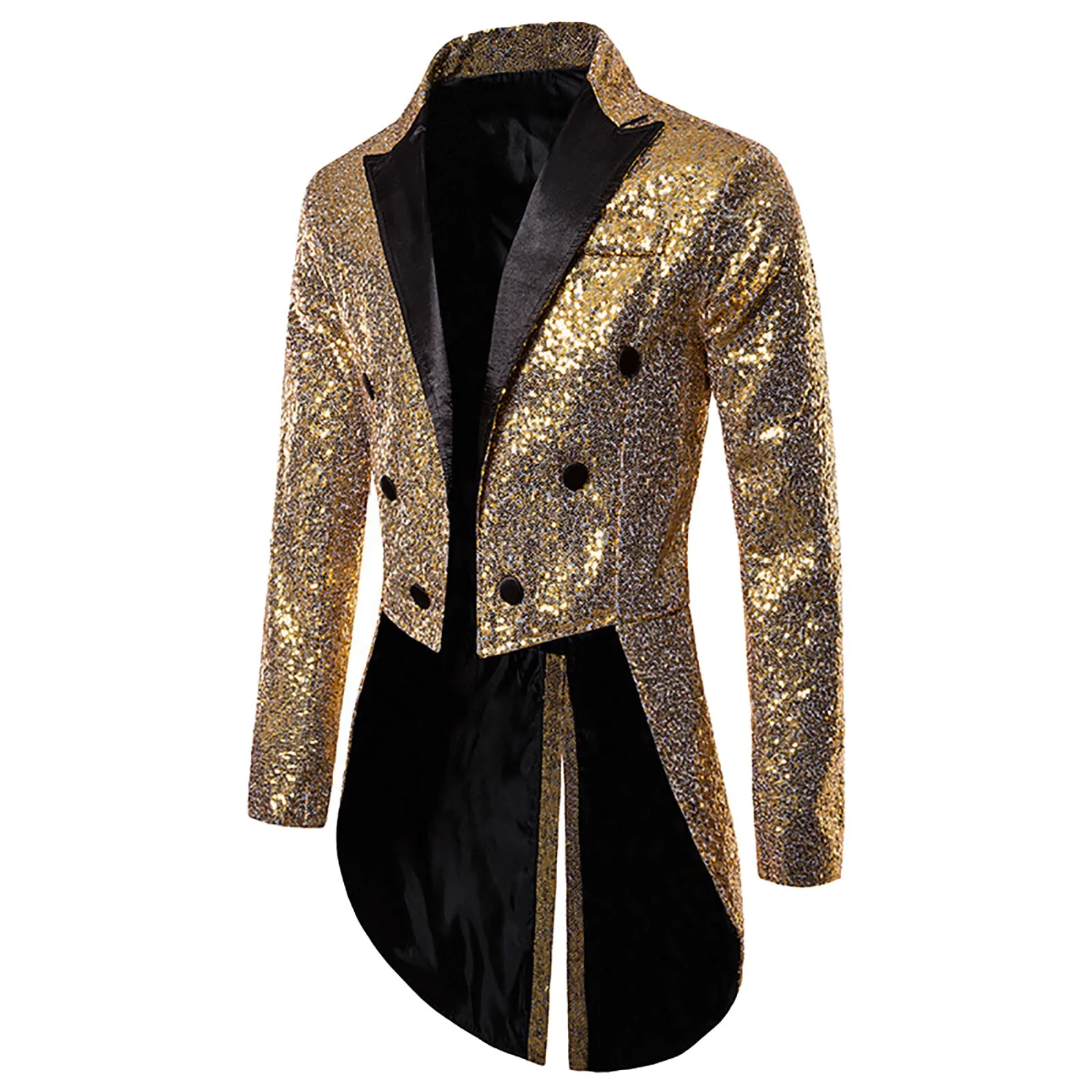 Mens Sequins Tailcoat Turn Down Collar Cardigan Long Jacket Vintage Glitter Temperament Tuxedo Coat Male Evening Party Costume