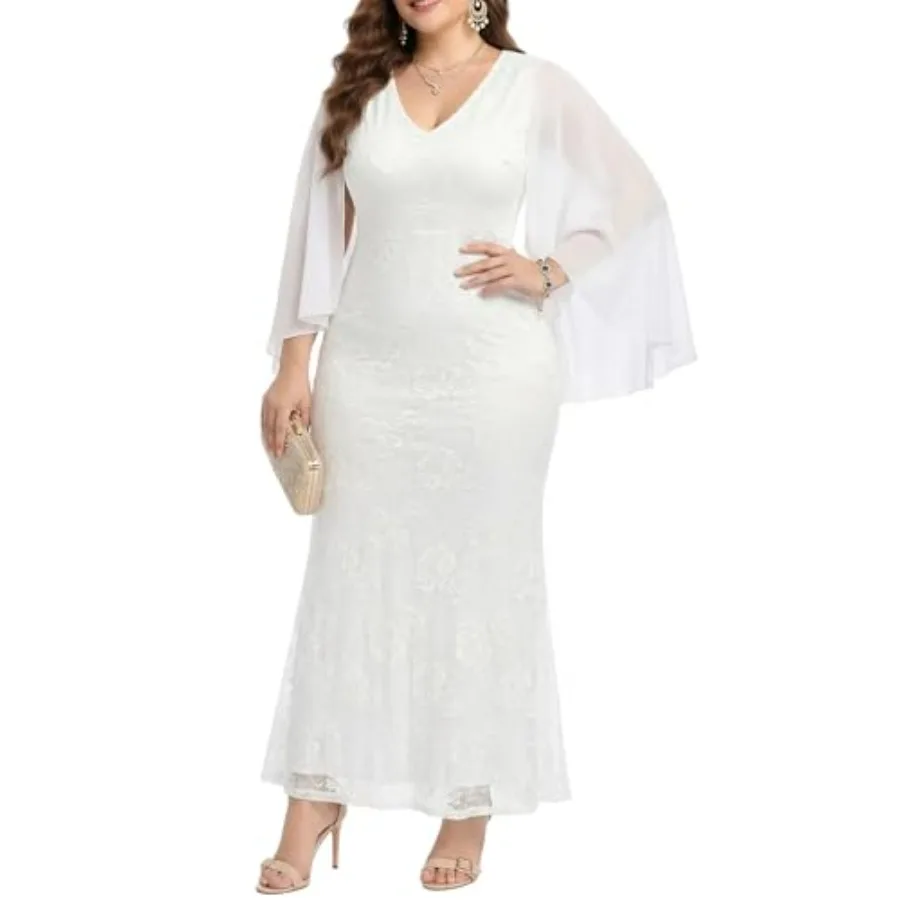 

Size Formal Dresses - Chiffon Capelet Ruffle Sleeves V Neck Lace Mermaid Evening Gown Prom Long Maxi Dresses 25