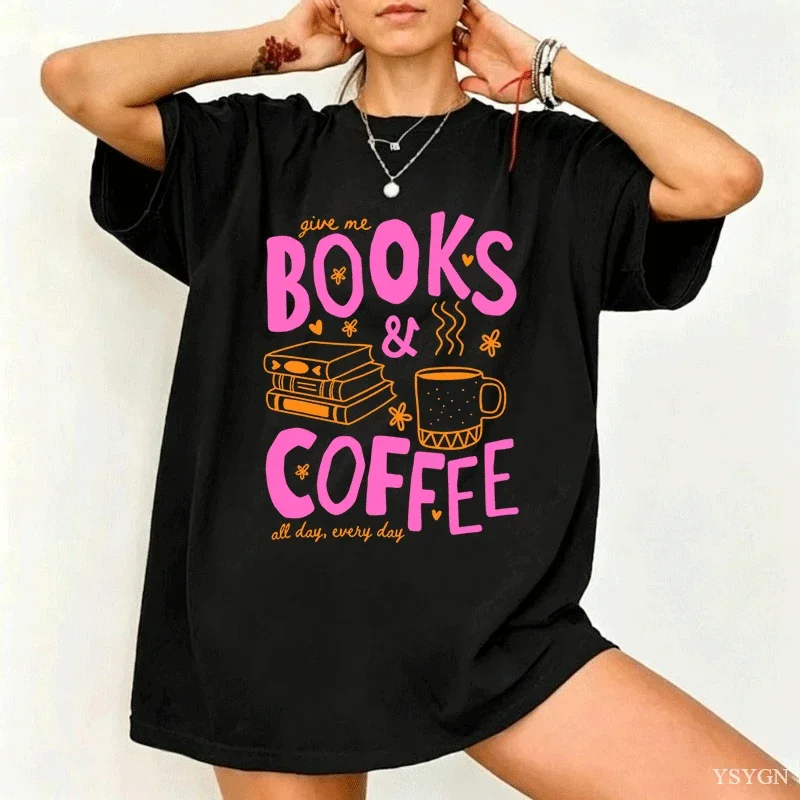 Books and Coffee Graphic T Shirts Book Lover Tee Reading Coffee Lover Bookish T-Shirt Casual Cotton Short Sleeve Printed Tops