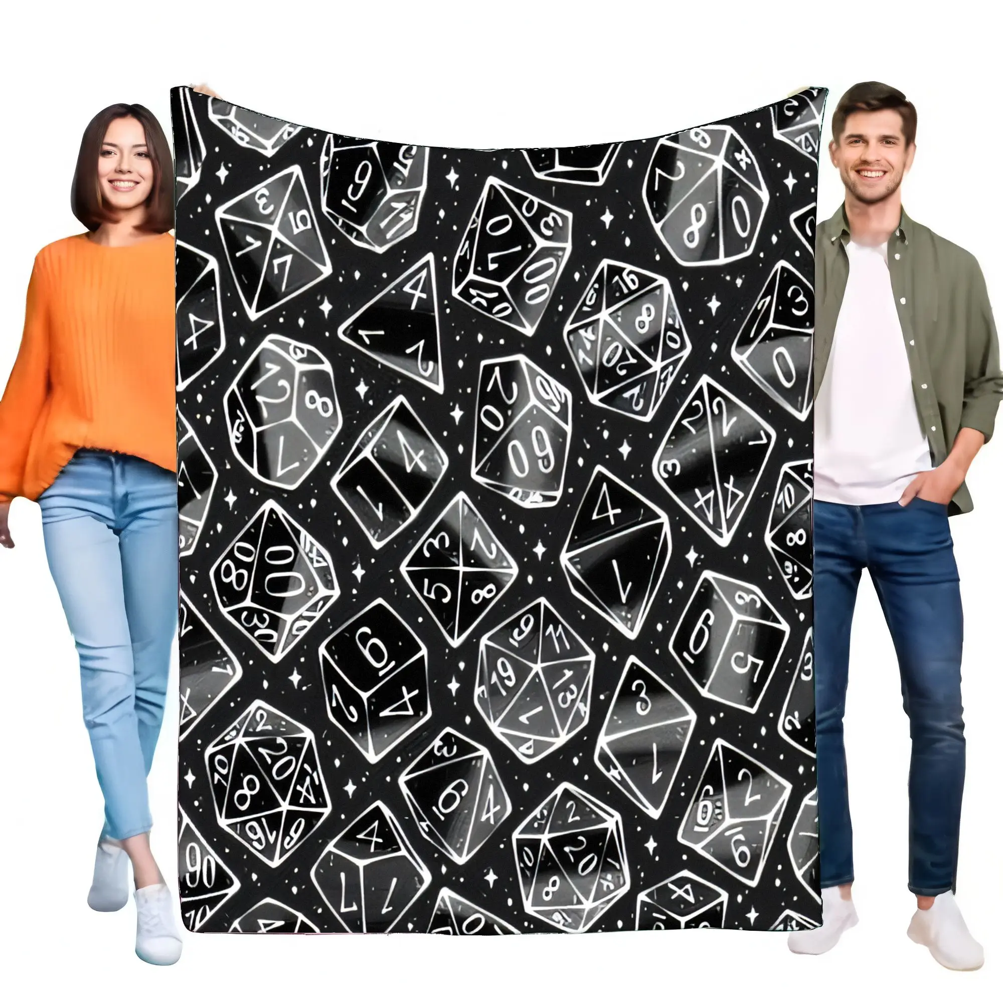 Schwarz-weiße Decke mit Dungeons & Dragons-Motiv, weicher Fleece-Überwurf mit Würfeln und Sternen, gemütliches Geschenk für Tischspielbegeisterte