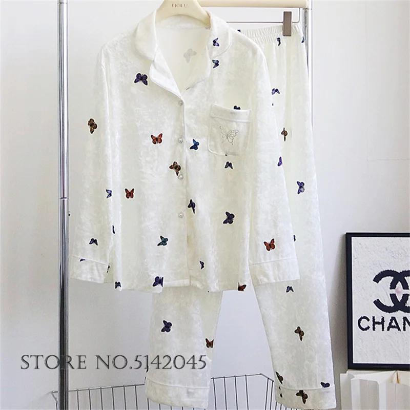 

White Velvet Female Sleepwear 2Pcs Pajamas Set Fashion Butterfly Lounge Wear Pijamas Suit Loose Elastic Waist Trouser Homewear