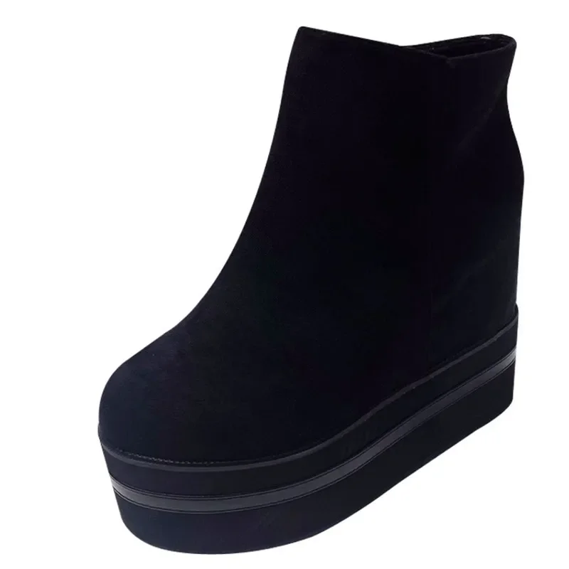 

Spring Autumn Thick Soled Short Boots Women Platform Wedge Heels Female Ankle Boots Height Increasing Flock Zipper