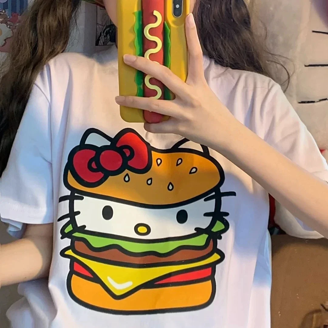 Camiseta con estampado de gatito de Hamburgo para mujer, ropa de estilo Anime, moda para mujer, camisetas Harajuku de manga corta para exteriores