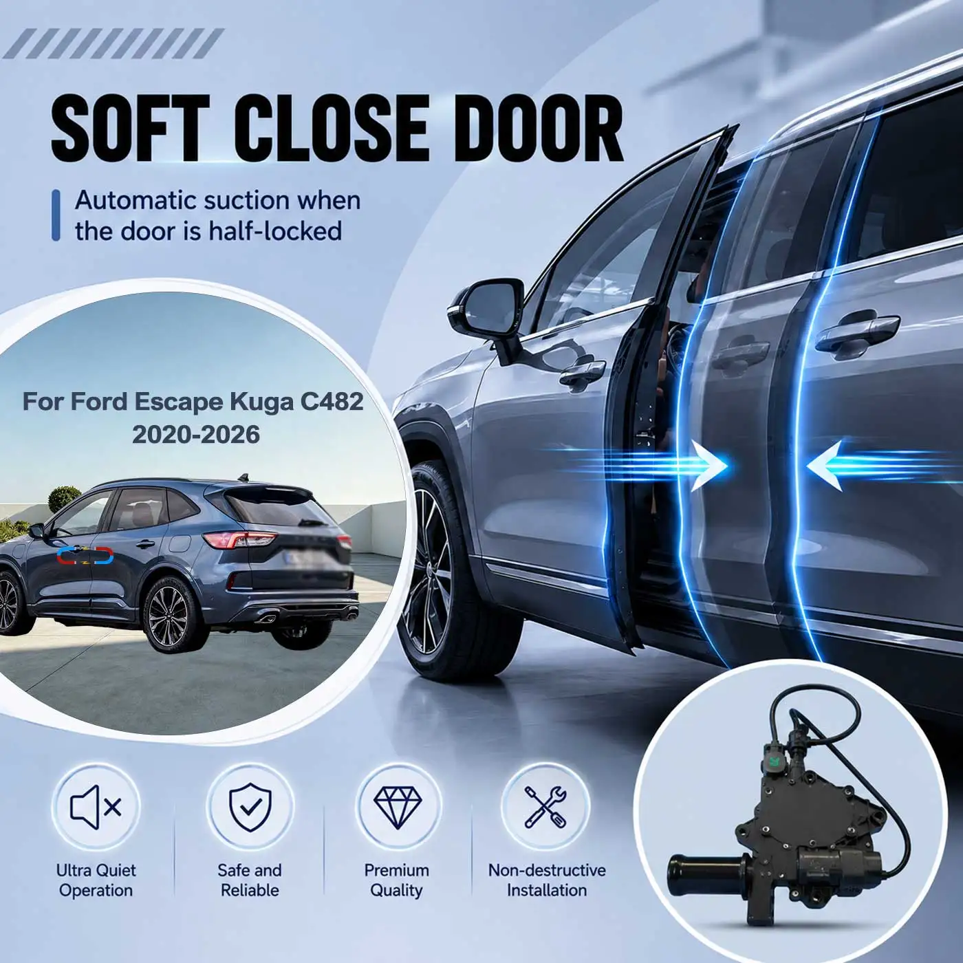 

For Ford Escape Kuga C482 2020-2026 Electric Soft Close Door Auto Pull-In Suction Lock Intelligent Silent Closer Kit