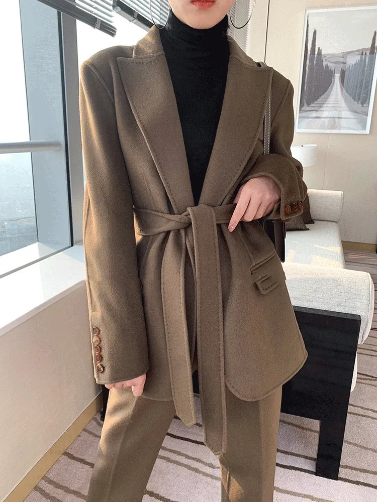 Autumn Winter Woolen Pant Suits Women Thick Belted Jackets Ladies Wool High Waist Pants Warm Trousers Set Female