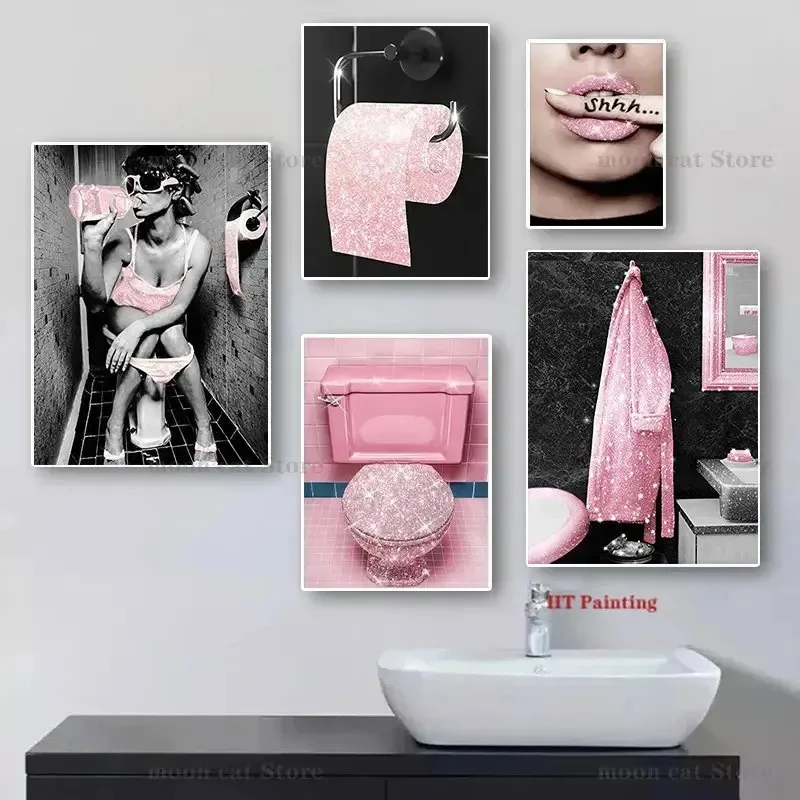 WC Toilet Decor Sexy Woman Pink Glitter Poster Fashion Bling Roll Paper Canvas Painting Wall Art Pictures Home Bathroom Decor