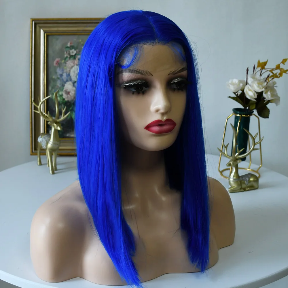 ブルーウィッグ レースフロントウィッグ 13x4 ショートレースフロントウィッグ ブルーボブウィッグ 生え際ナチュラル ベビーヘア付き 合成ウィッグ