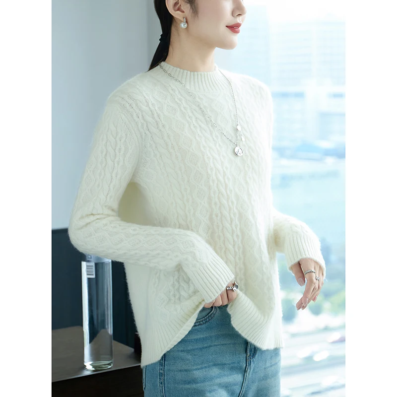 100% Wool Women's Sweater Winter Thickening Round-collar Warm Loose Large Size Heat Pullover 2024 Female