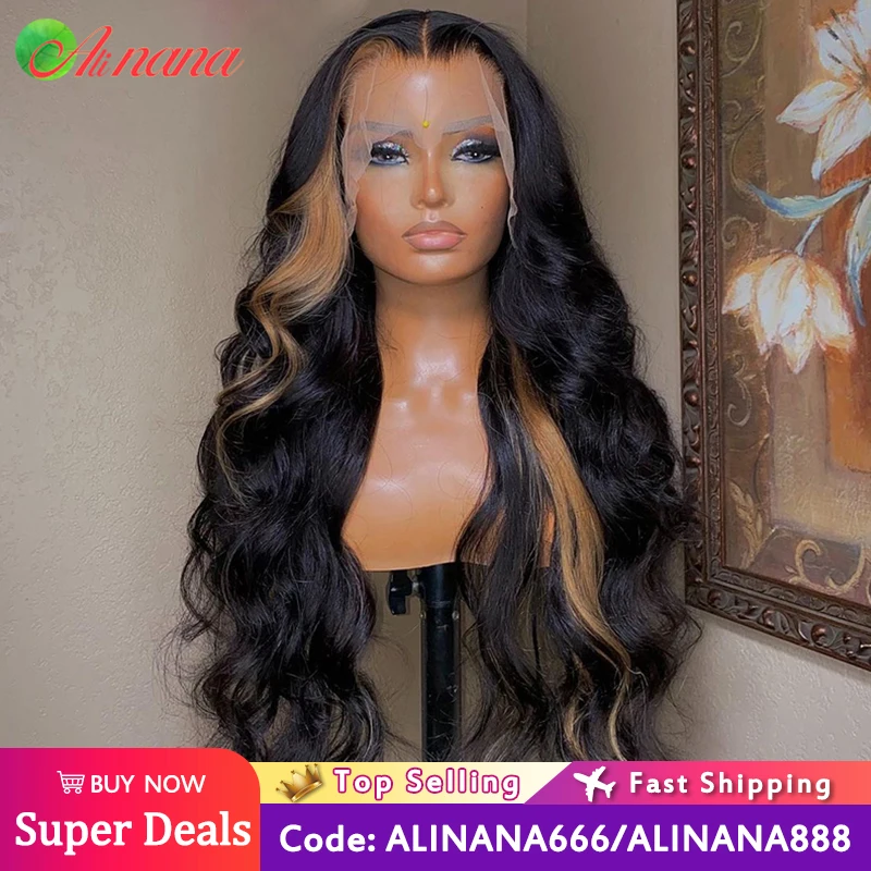 Peluca de cabello humano ondulado con encaje frontal transparente para mujeres negras, color negro con Rubio, 13x4, 5x5