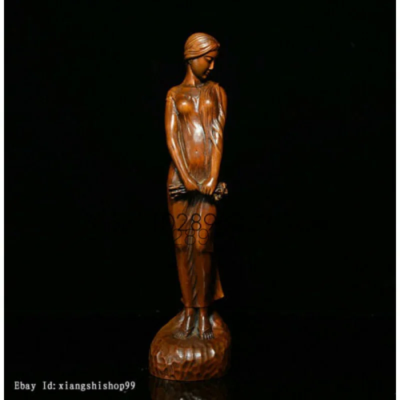 

8" Chinese Folk Boxwood Wood Carving beauty woman sexy Long-haired Belle Statue