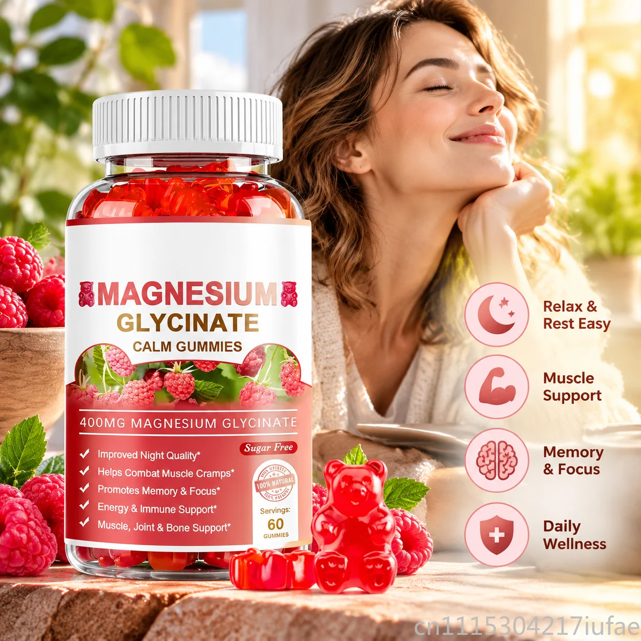 Magnesium Glycinate Gummies 400mg 60 Count Sugar Free Raspberry Flavor Calm Botanical Supplement
