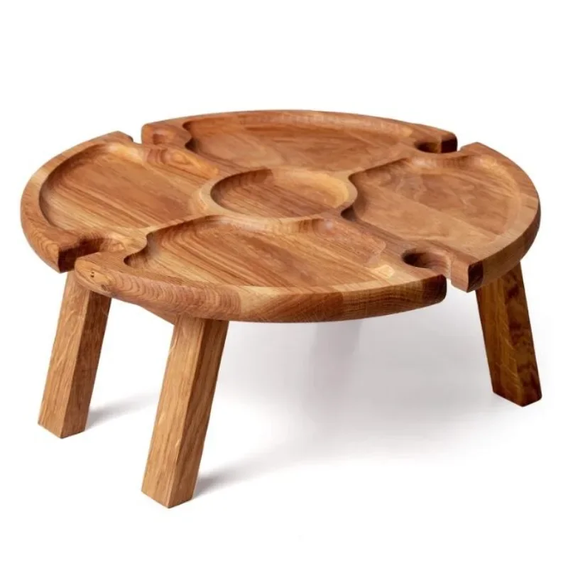 5 Sectional Round Wooden Serving Tray Platter with Wine Glasses holder Wood Wine Bottle Glass Holder Outdoor Wine Table