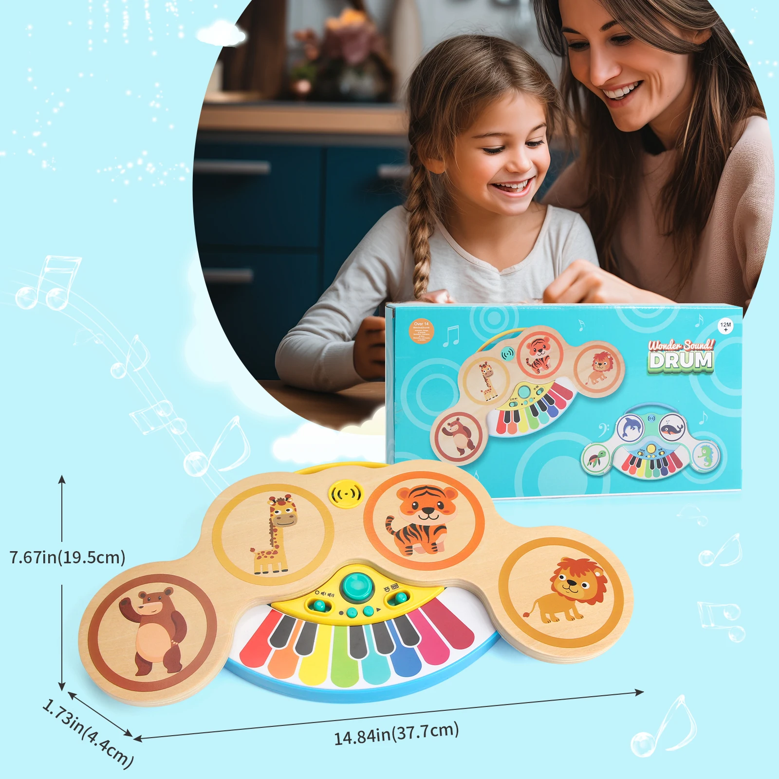 Brinquedos musicais de madeira com música e luz, teclado 2in 1 piano batendo palmas, animais de desenhos animados, brinquedos educativos para presentes do bebê, 12 meses