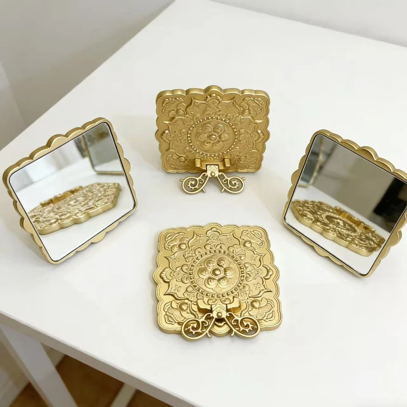 

Portable Tabletop Vanity Mirror, Chinese Style Antique Gold Metal Square Mirror, Desk Decor Mirror, Vintage Travel Compact