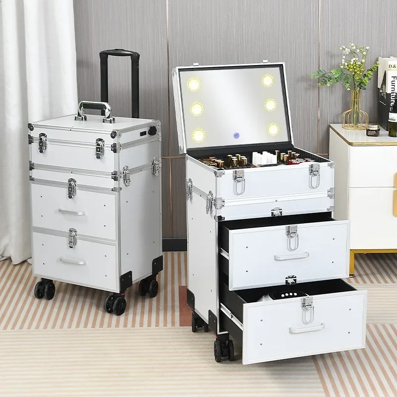 

New Professional Makeup Cart Wheels with Lights Large Capacity Trolley Cosmetic Case Rolling Luggage High-Quality Suitcase