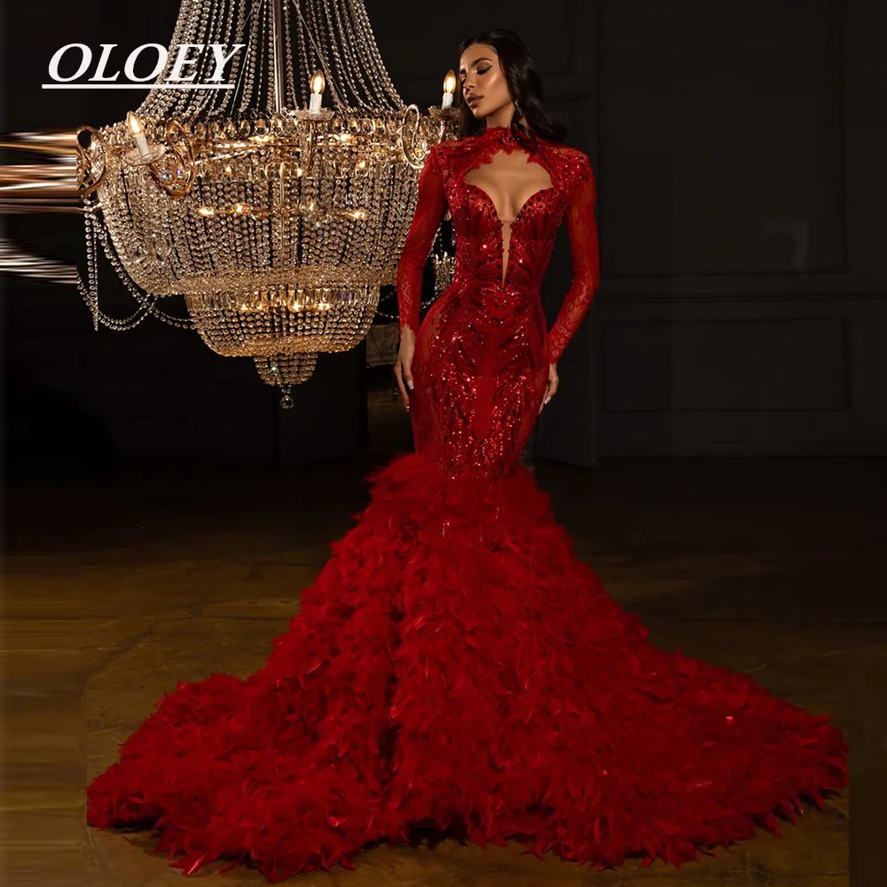 

OLOEY Luxury Sequines Mermaid Prom Party Dress Sexy Sweetheart Neck Red Performance Evening Gown Customized فستان بيكو