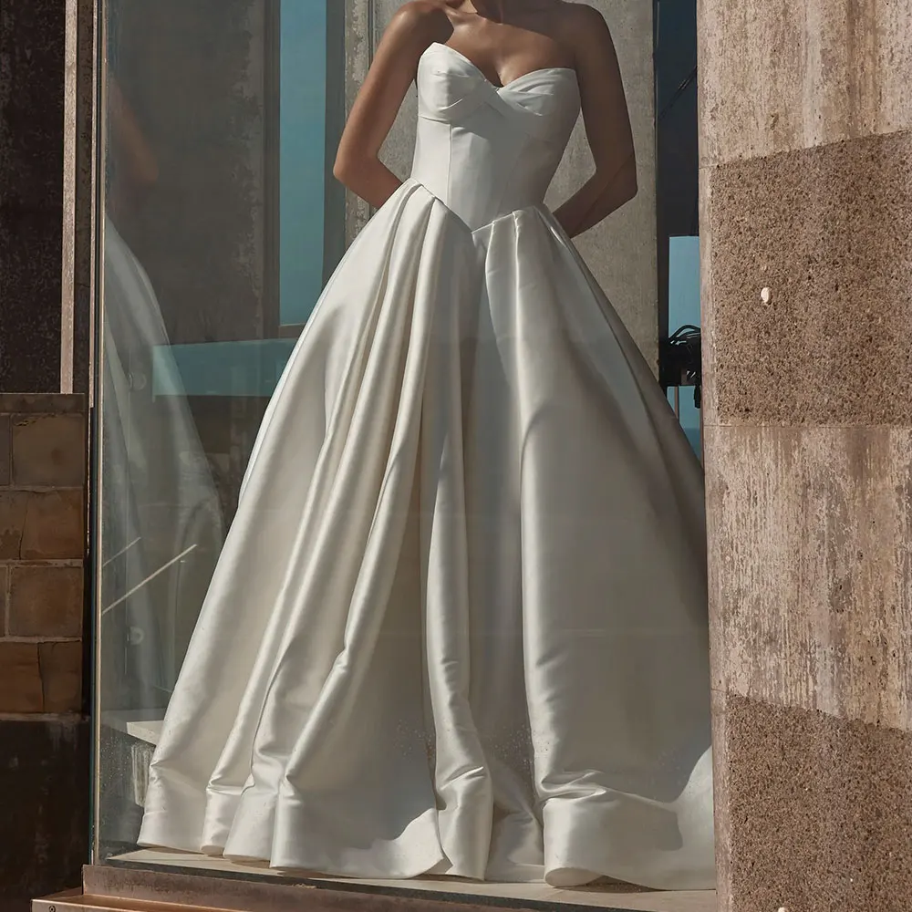 

Boho Beach V Neck Satin Ball Gown Wedding Dresses For Bride Long Pleated Bridal Gown For Women Vestidos Novia