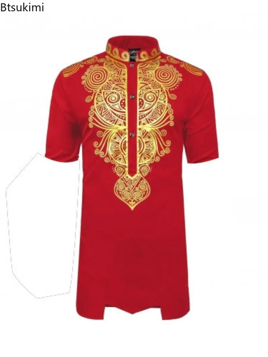 Vêtements traditionnels africains à manches courtes pour hommes, pull à col montant, chemise longue de style ethnique, chemises Dashiki, impression de mode