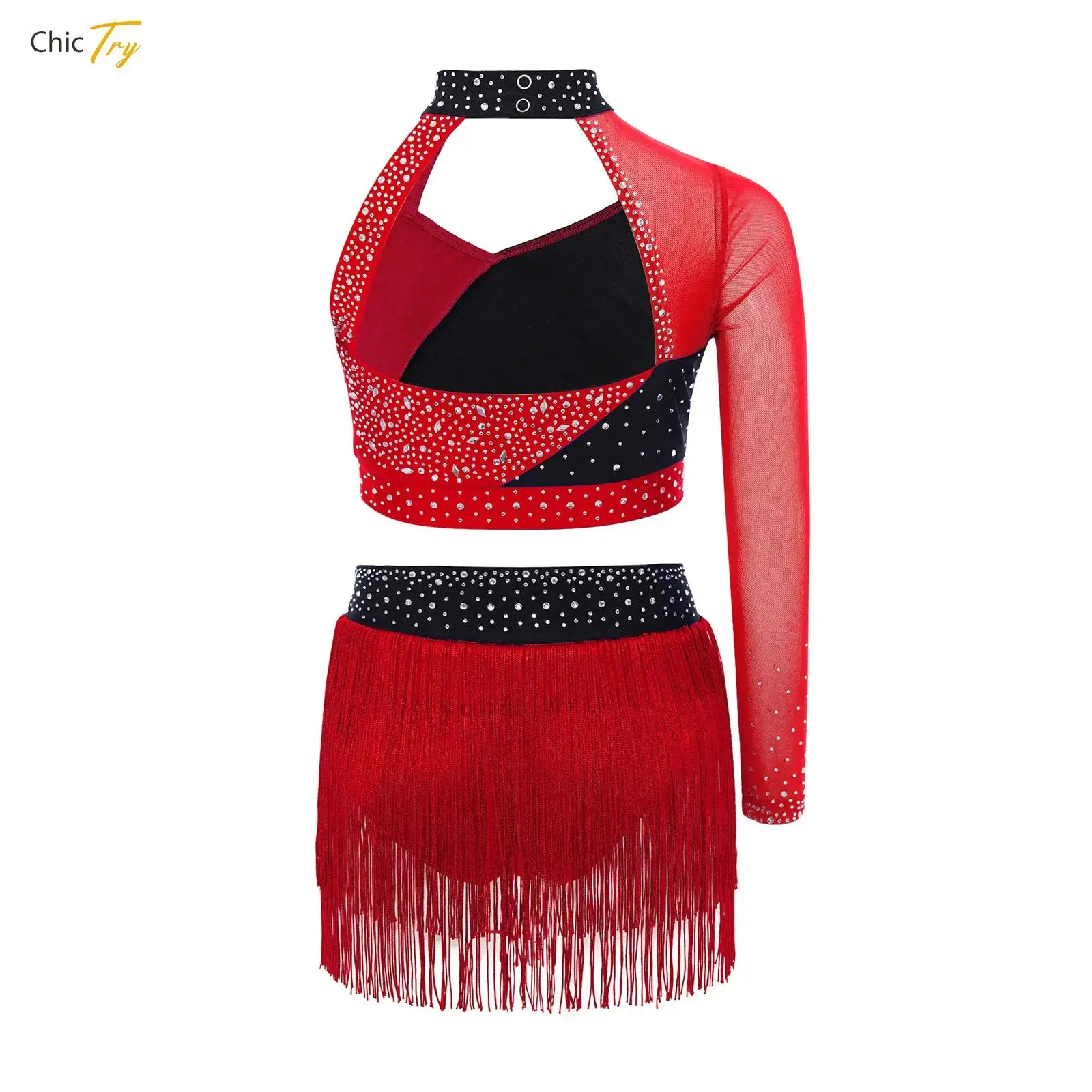 

Girls Latin Dance Outfit One Shoulder Sleeve Mesh Rhinestone Crop Top with Tassel Briefs Skirt Skating Lyrical Ballet Dance Set