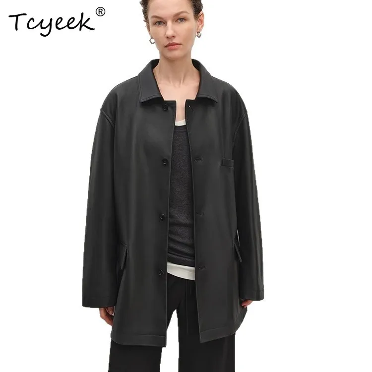 Tcyeek 100% Cowhide Suit Jackets Real Leather Jacket Women Mid-long Autumn Clothes Fashion Womens Coats Vintage Casaco Feminino
