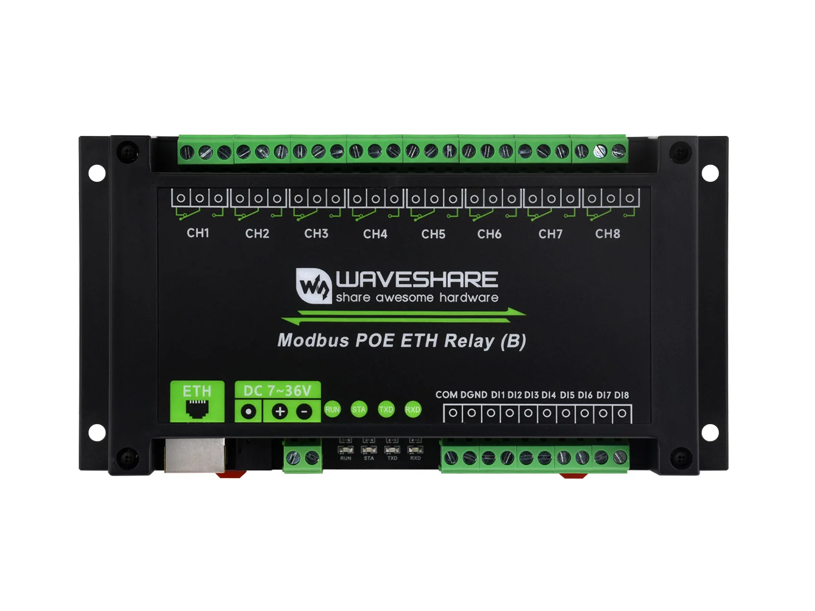 Modbus POE ETH Relay (B) Waveshare Digital Input Modbus RTU Modbus TCP Various Isolation PoE Port 8ch Ethernet Relay Module (B)