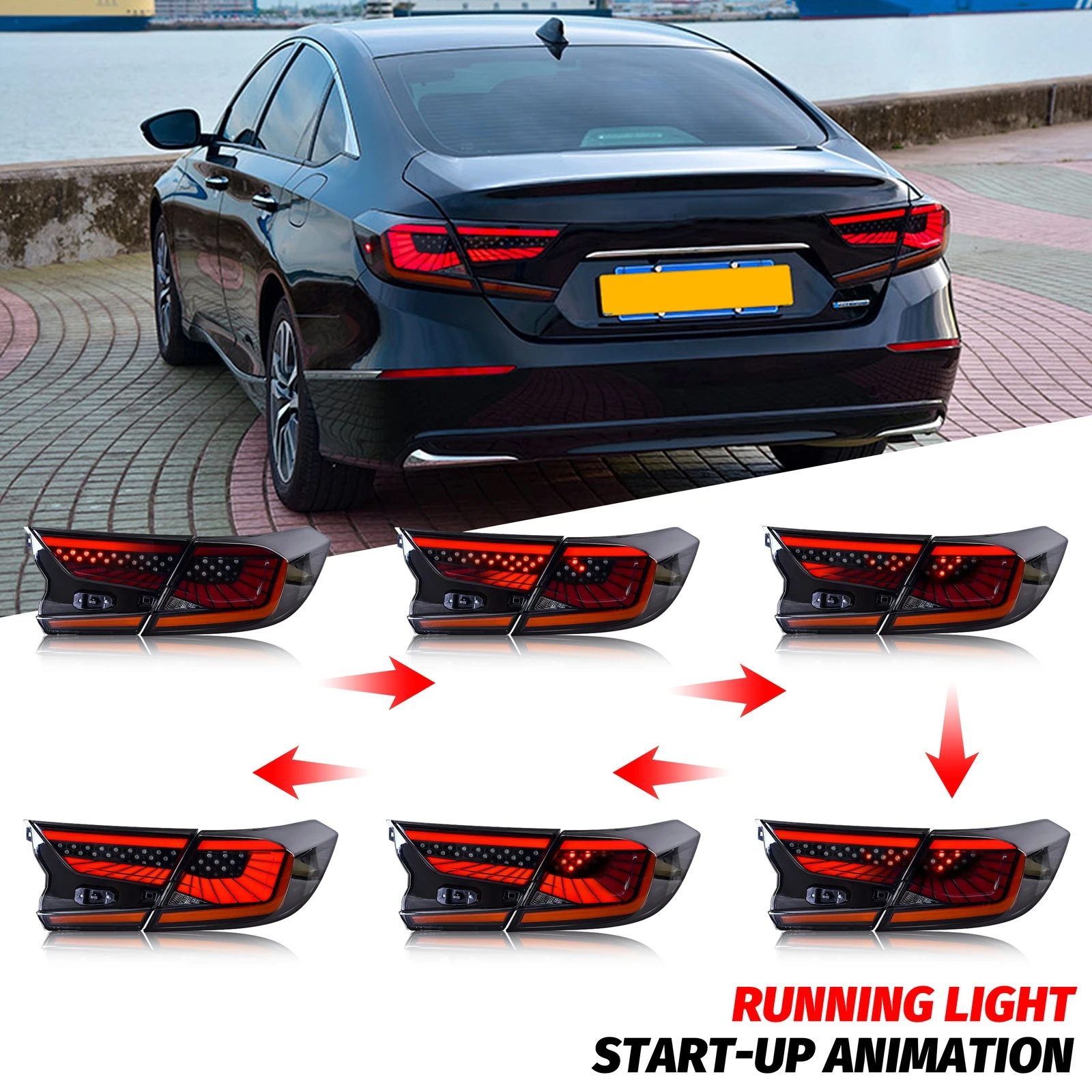 LED-Rückleuchten für Honda Accord 2018–2023, 10. Generation, sequentielles Blinker, dynamische Animation, schwarze V3-Rücklichter-Baugruppe