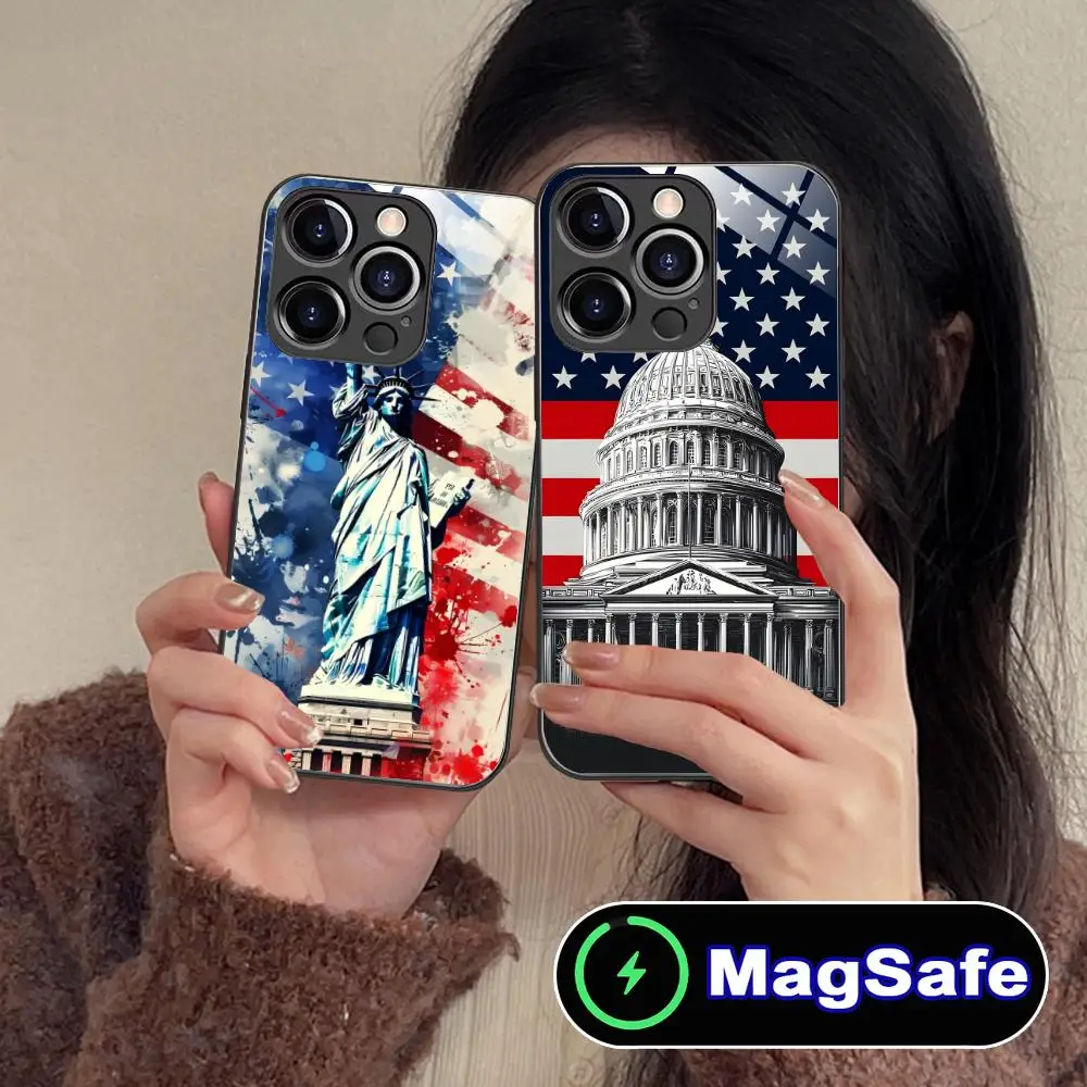 

Чехол для мобильного телефона с флагом США и Америки для iPhone 17, 16, 15, 14, 13, 12, 11 Pro Max Plus Mini MagSafe, стеклянный цветной чехол для смартфона