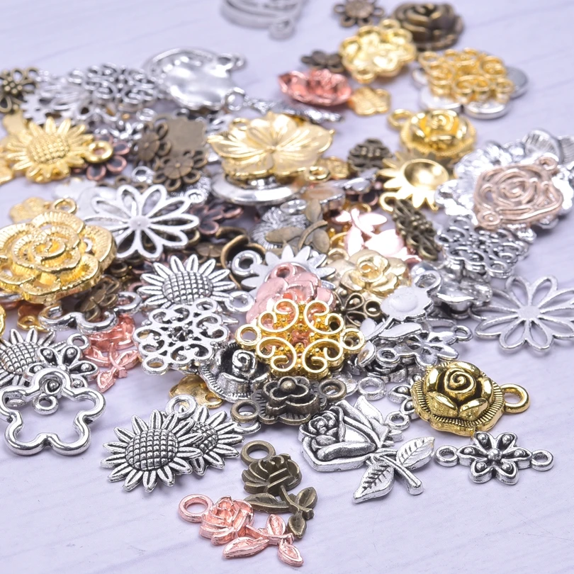 50pcs Random Mix Plant Accessories DIY Vintage Leaf Flower Charms For Jewelry Making Bulk Metal Charm Pendant Handmade Materials