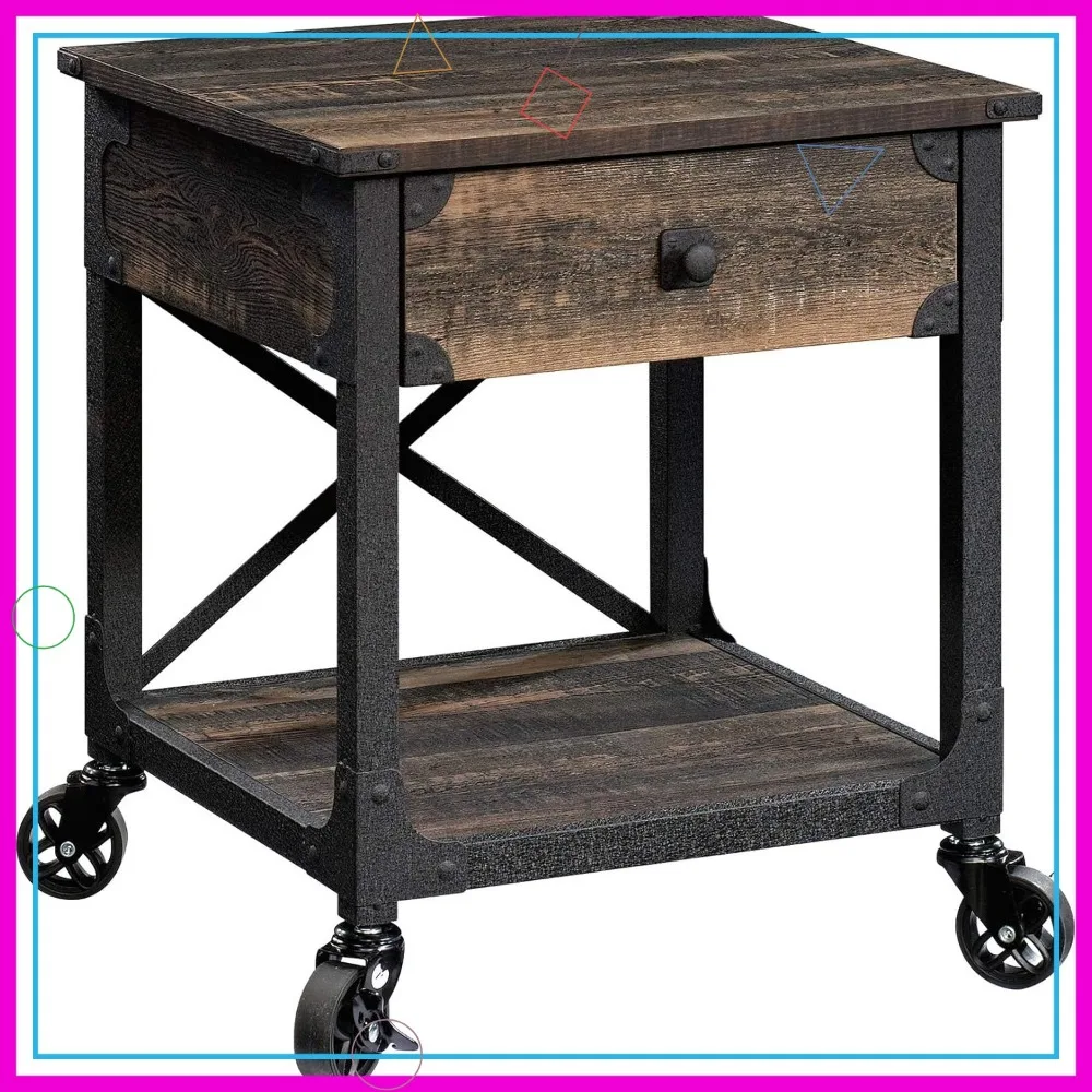 

Industrial Side Table with Drawer and Shelf, Carbon Oak Finish, 22.44" x 21.65" x 23.11", Rolling Casters
